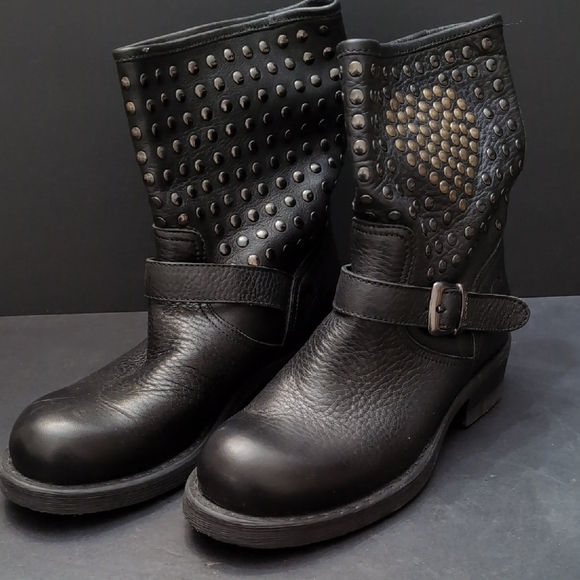 Simona Barbieri Twin-Set Women's Black Leather Studded Biker Boots Size 37. - Picture 1 of 14